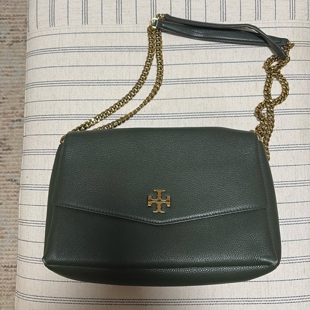 Tory Burch hunter green large pebbled leather convertible shoulder bag